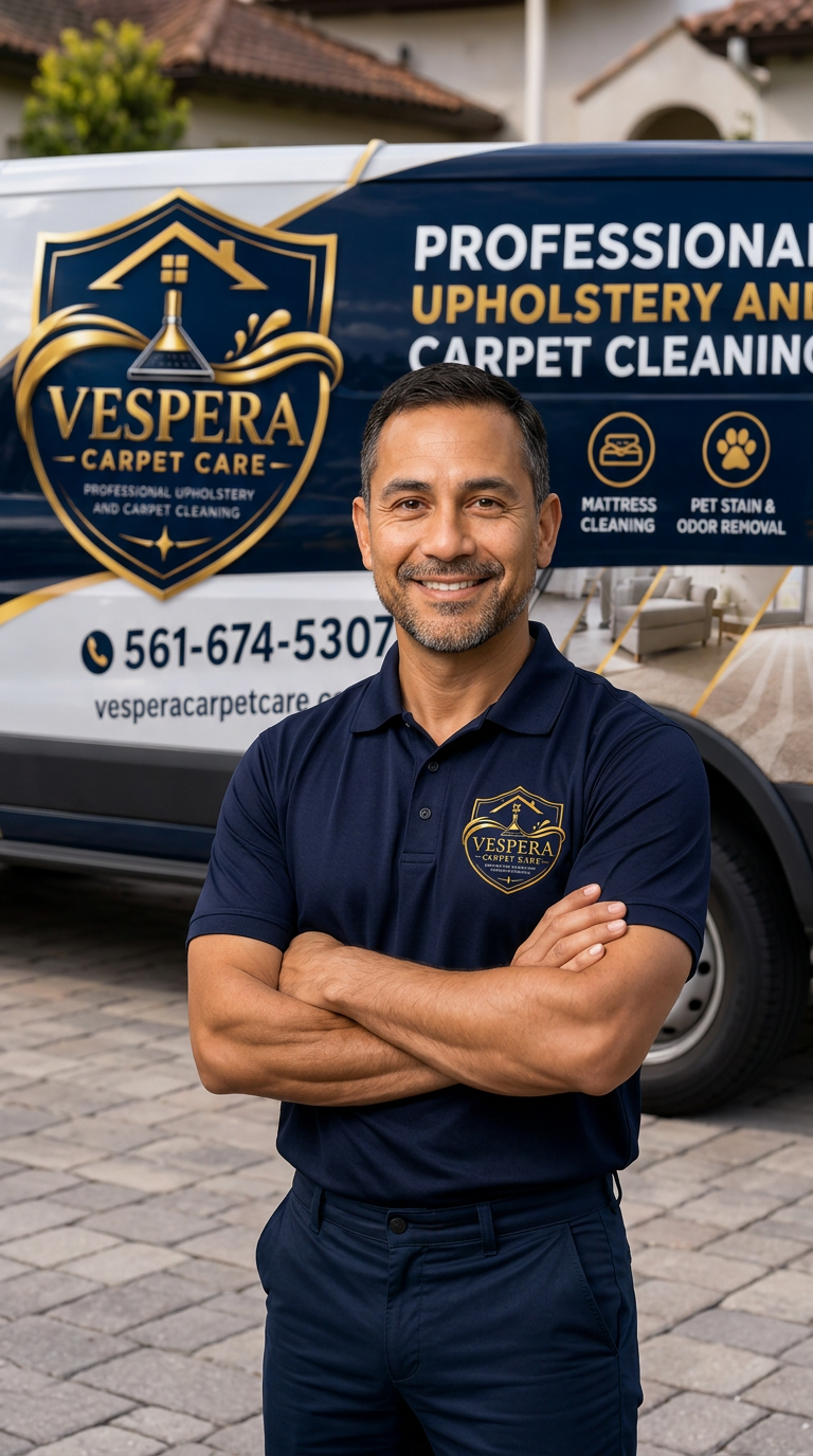 Emerson, founder of Vespera Carpet Care, standing with arms crossed in front of the branded service van