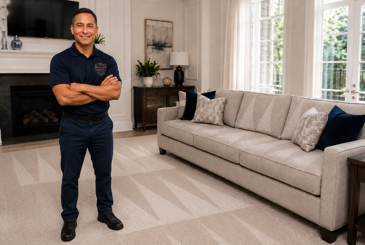 Emerson, founder of Vespera Carpet Care, standing with arms crossed in a freshly cleaned living room